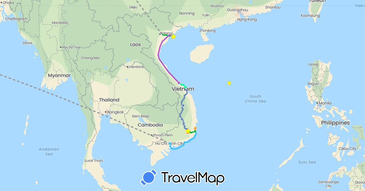 TravelMap itinerary: driving, bus, plane, cycling, train, hiking, boat, hitchhiking, motorbike, sleeping bus in United Arab Emirates, Austria, Russia, Vietnam (Asia, Europe)