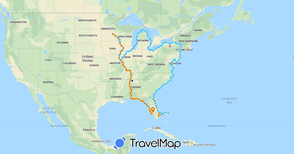 TravelMap itinerary: driving, bus, hiking, boat, boat - southbound, ferry in Bahamas, United States (North America)