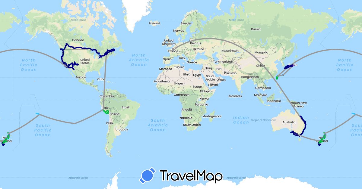 TravelMap itinerary: driving, bus, plane, cycling, train, hiking, boat in Australia, Canada, Chile, France, Japan, New Zealand, Peru, Taiwan, United States (Asia, Europe, North America, Oceania, South America)